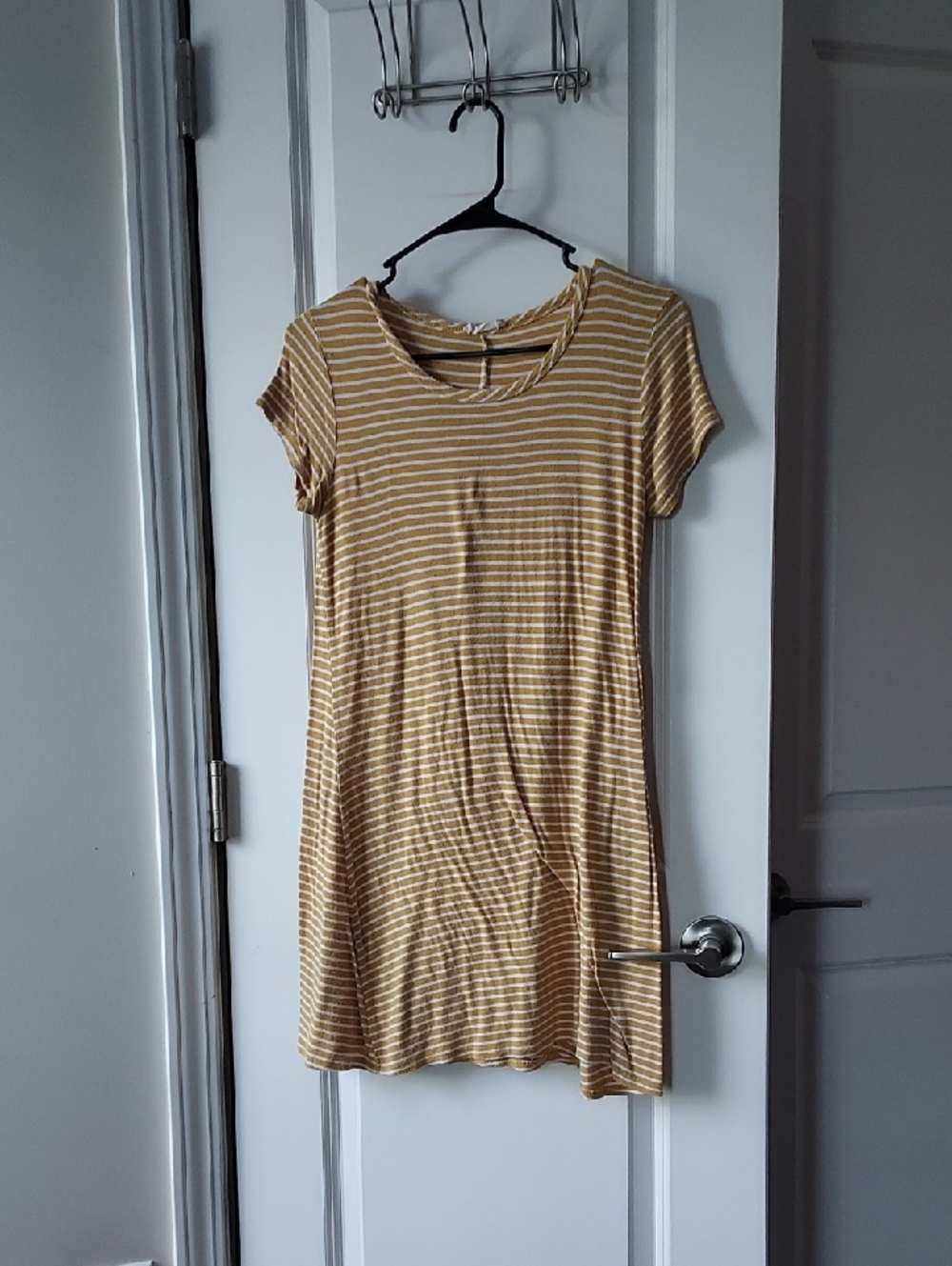 Striped Short-Sleeve T-Shirt Dress - Mustard & White